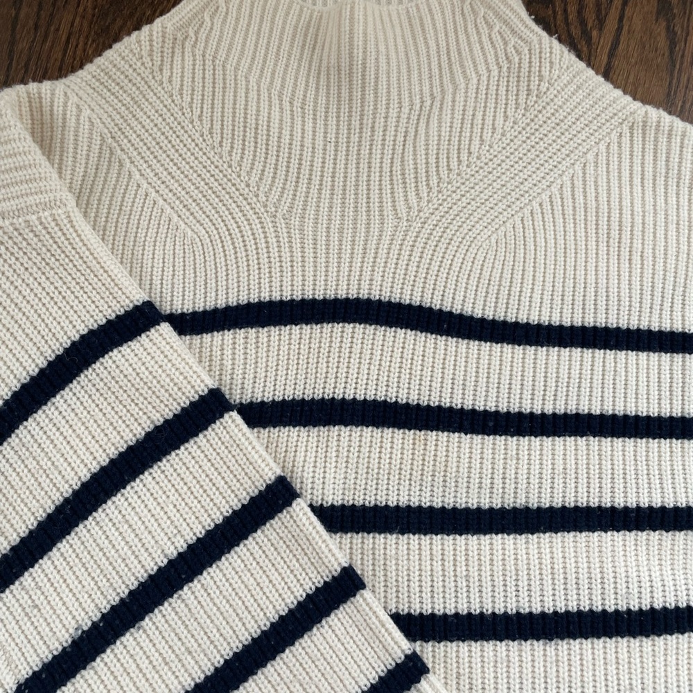 A.L.C. Cream and Blue High Neck Sweater with Boxy Fit and Striped Sleeves - Picture 2 of 6